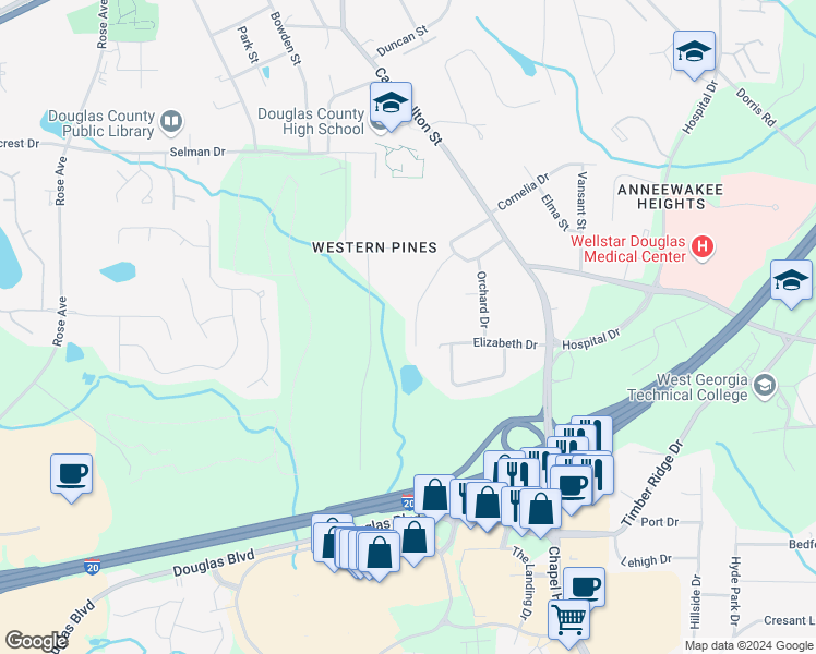 map of restaurants, bars, coffee shops, grocery stores, and more near 8989 Myrtle Drive in Douglasville