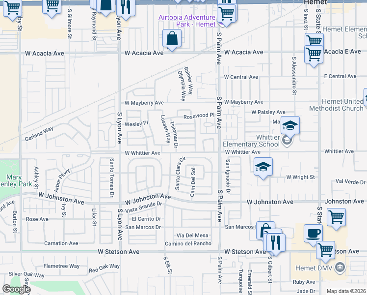 map of restaurants, bars, coffee shops, grocery stores, and more near 1181 West Westmont Avenue in Hemet