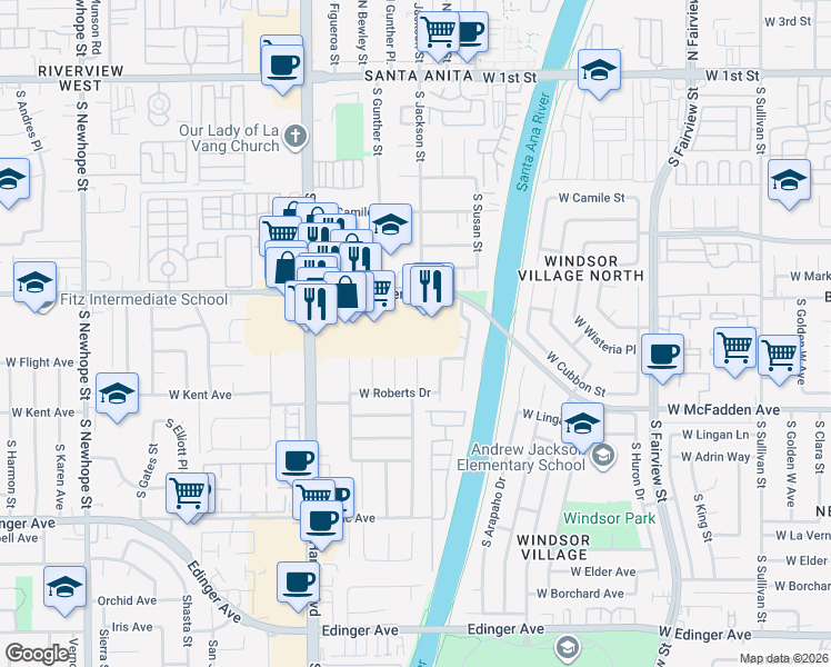map of restaurants, bars, coffee shops, grocery stores, and more near 901 South Gunther Street in Santa Ana