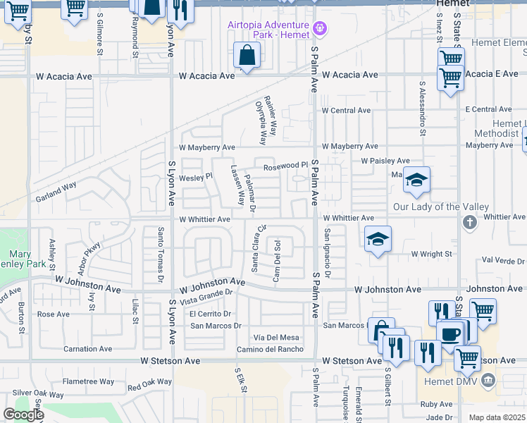 map of restaurants, bars, coffee shops, grocery stores, and more near 1181 West Westmont Avenue in Hemet