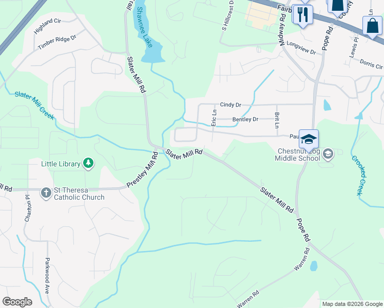 map of restaurants, bars, coffee shops, grocery stores, and more near 2529 Slater Mill Road in Douglasville