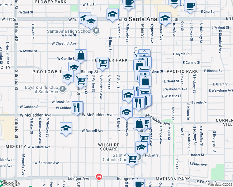map of restaurants, bars, coffee shops, grocery stores, and more near 802 South Birch Street in Santa Ana