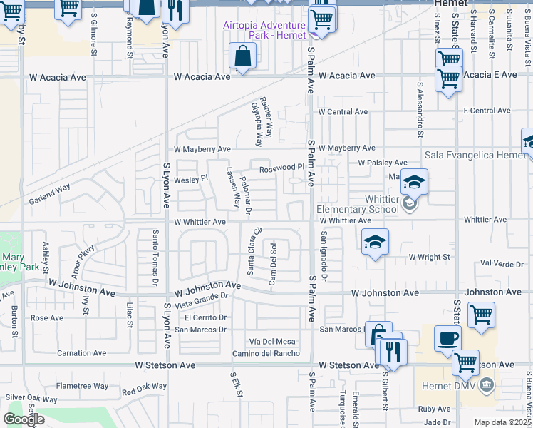 map of restaurants, bars, coffee shops, grocery stores, and more near 1161 West Westmont Avenue in Hemet