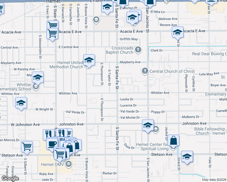 map of restaurants, bars, coffee shops, grocery stores, and more near 824 West Whittier Avenue in Hemet