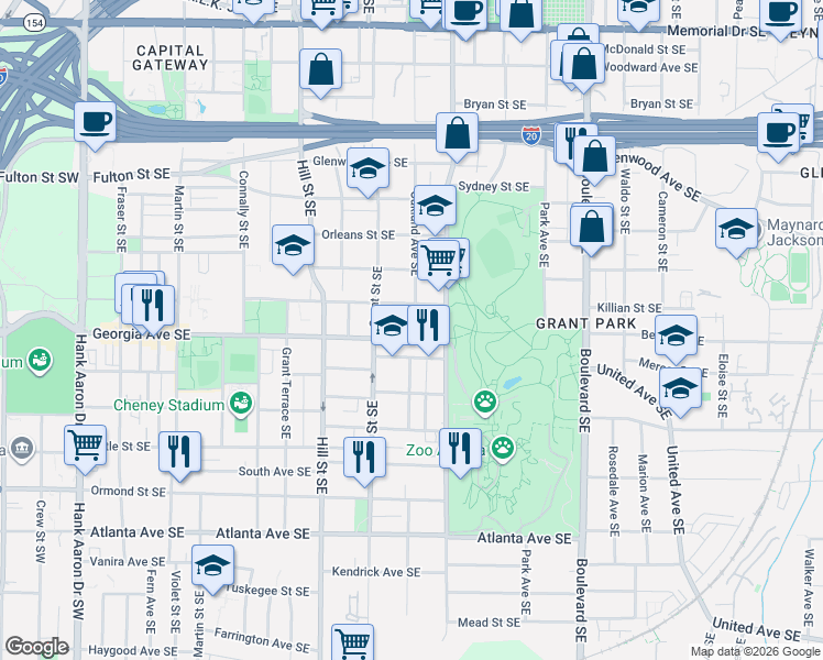 map of restaurants, bars, coffee shops, grocery stores, and more near 383 Georgia Avenue Southeast in Atlanta