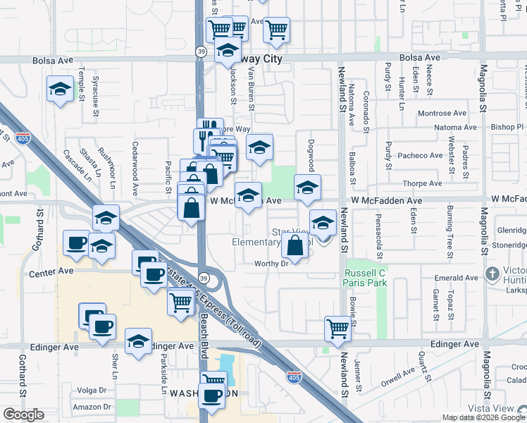 map of restaurants, bars, coffee shops, grocery stores, and more near 15531 Monroe Street in Midway City