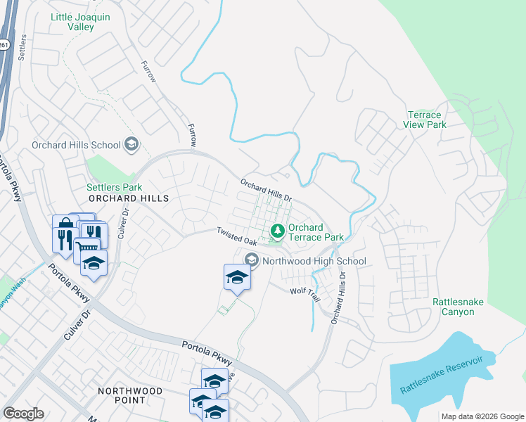 map of restaurants, bars, coffee shops, grocery stores, and more near 107 Hayseed in Irvine