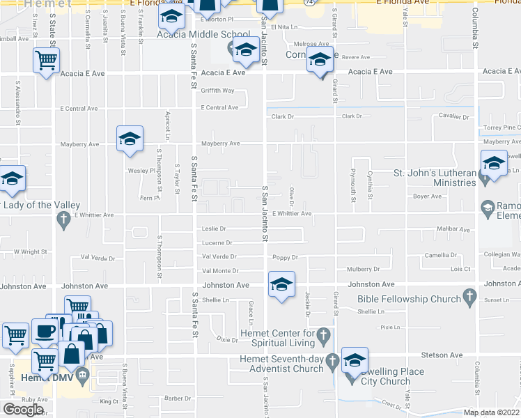 map of restaurants, bars, coffee shops, grocery stores, and more near 695 South San Jacinto Street in Hemet