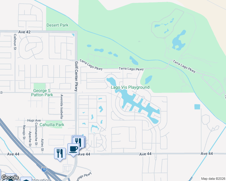 map of restaurants, bars, coffee shops, grocery stores, and more near 43031 Fiore Street in Indio