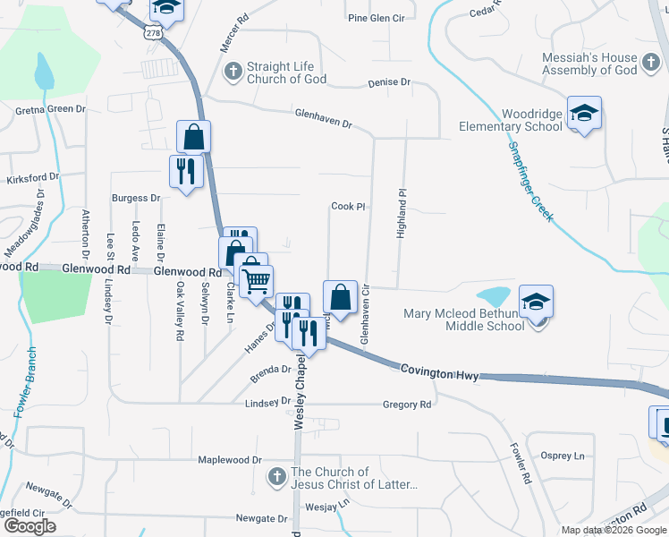 map of restaurants, bars, coffee shops, grocery stores, and more near 1852 McLain Lane in Decatur