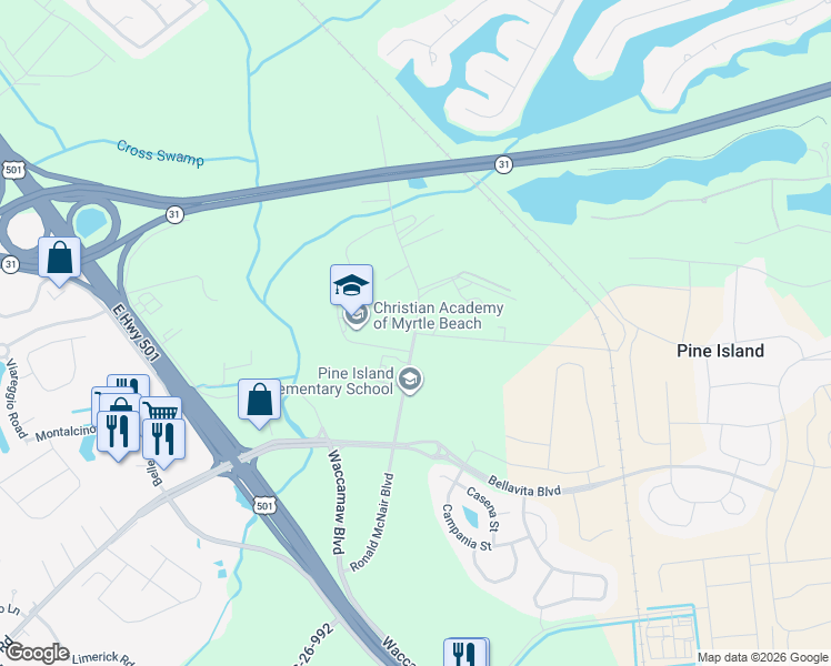 map of restaurants, bars, coffee shops, grocery stores, and more near 300 Christa McAuliffe Street in Myrtle Beach
