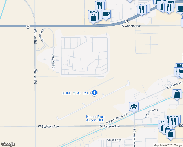 map of restaurants, bars, coffee shops, grocery stores, and more near 5001 West Florida Avenue in Hemet