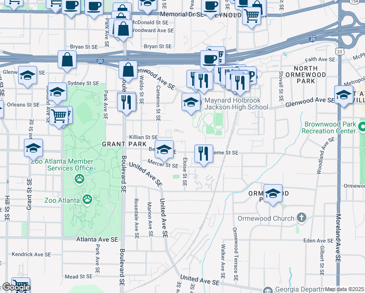 map of restaurants, bars, coffee shops, grocery stores, and more near 575 Eloise Street Southeast in Atlanta