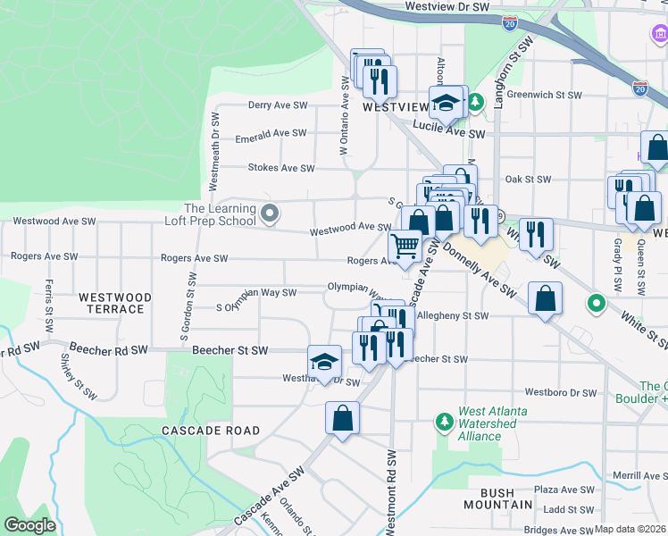 map of restaurants, bars, coffee shops, grocery stores, and more near 1579 South Olympian Way Southwest in Atlanta