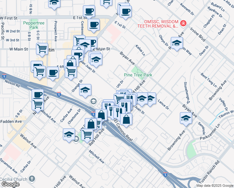 map of restaurants, bars, coffee shops, grocery stores, and more near 1390 San Juan Street in Tustin