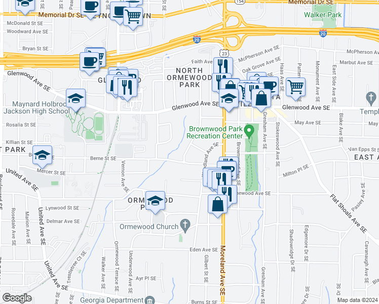 map of restaurants, bars, coffee shops, grocery stores, and more near 628 Hemlock Circle Southeast in Atlanta