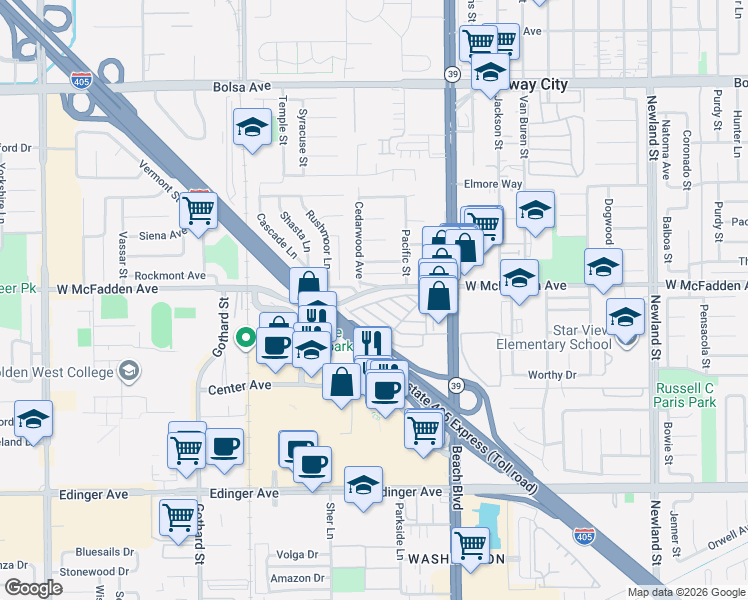 map of restaurants, bars, coffee shops, grocery stores, and more near 15621 Beach Boulevard in Westminster