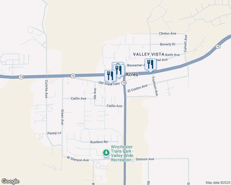 map of restaurants, bars, coffee shops, grocery stores, and more near 33421 Old State Highway in Hemet