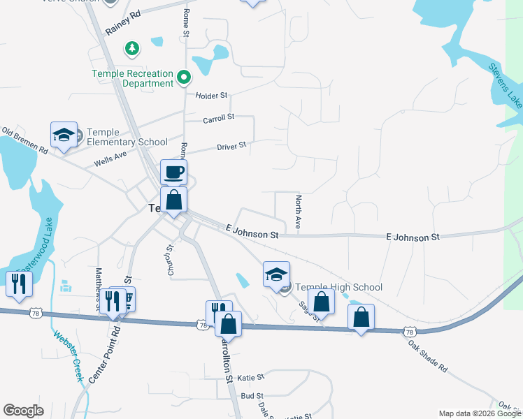 map of restaurants, bars, coffee shops, grocery stores, and more near 75 Tennessee Avenue in Temple