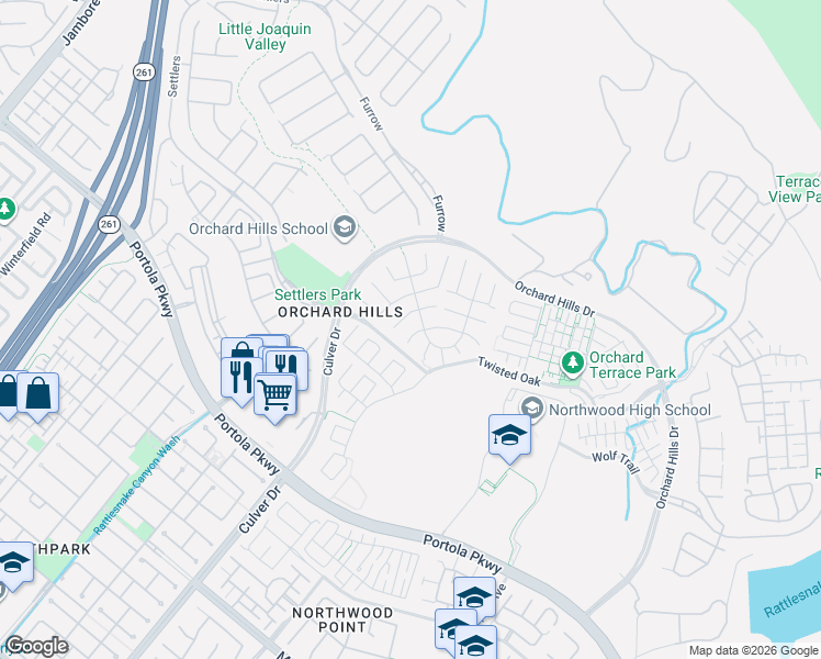 map of restaurants, bars, coffee shops, grocery stores, and more near 57 Wild Horse in Irvine