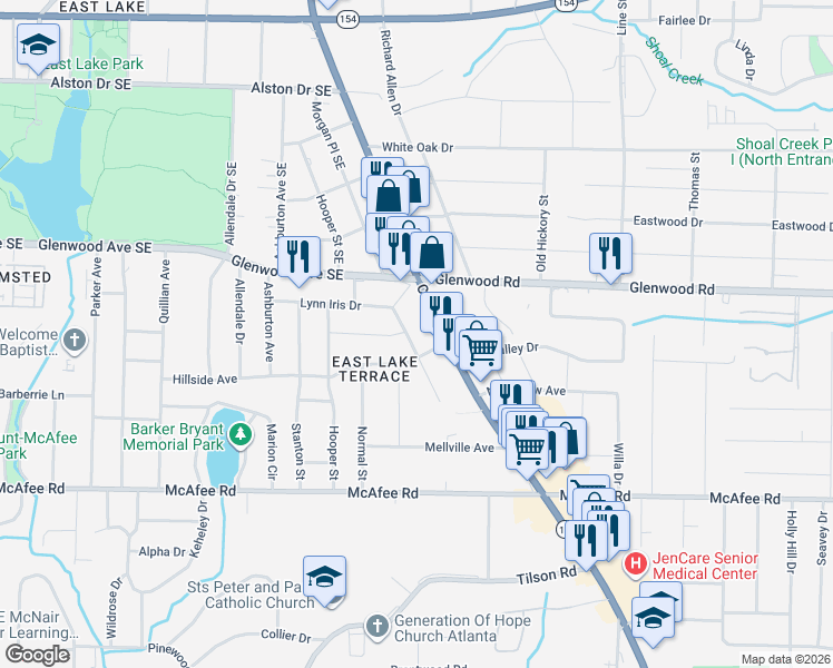 map of restaurants, bars, coffee shops, grocery stores, and more near 1888 Cannon Street in Decatur