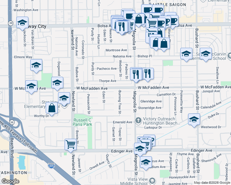 map of restaurants, bars, coffee shops, grocery stores, and more near 8852 Monterey Circle in Westminster