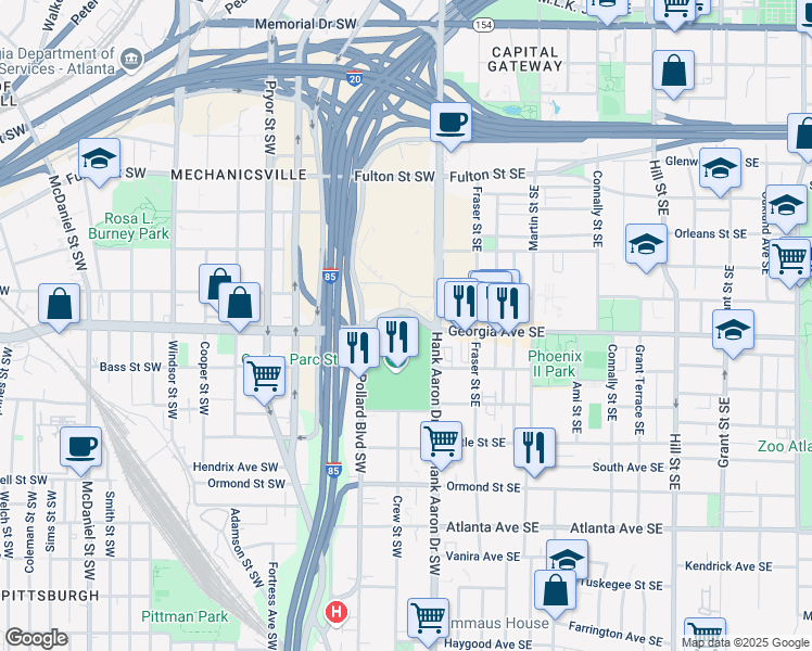 map of restaurants, bars, coffee shops, grocery stores, and more near 755 Hank Aaron Drive Southwest in Atlanta