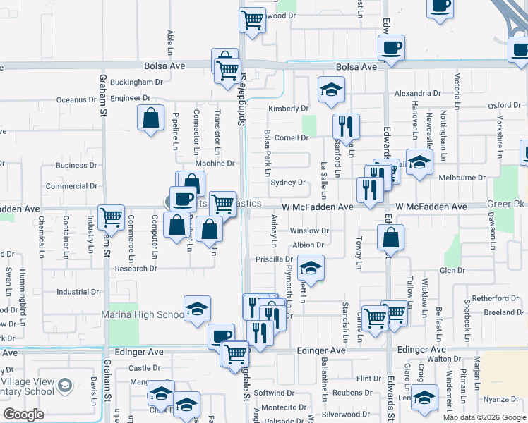 map of restaurants, bars, coffee shops, grocery stores, and more near 6062 Vane Circle in Huntington Beach
