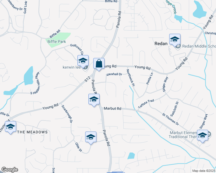 map of restaurants, bars, coffee shops, grocery stores, and more near 1832 Vauxhall Drive in Lithonia