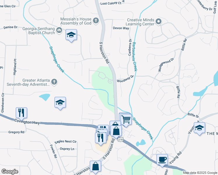 map of restaurants, bars, coffee shops, grocery stores, and more near 1943 South Hairston Road in Stone Mountain