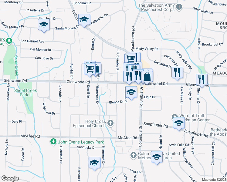 map of restaurants, bars, coffee shops, grocery stores, and more near 1849 South Columbia Place in Decatur