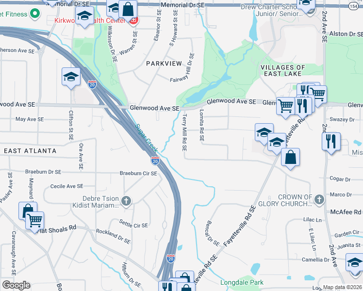 map of restaurants, bars, coffee shops, grocery stores, and more near 1653 Terry Mill Road Southeast in Atlanta
