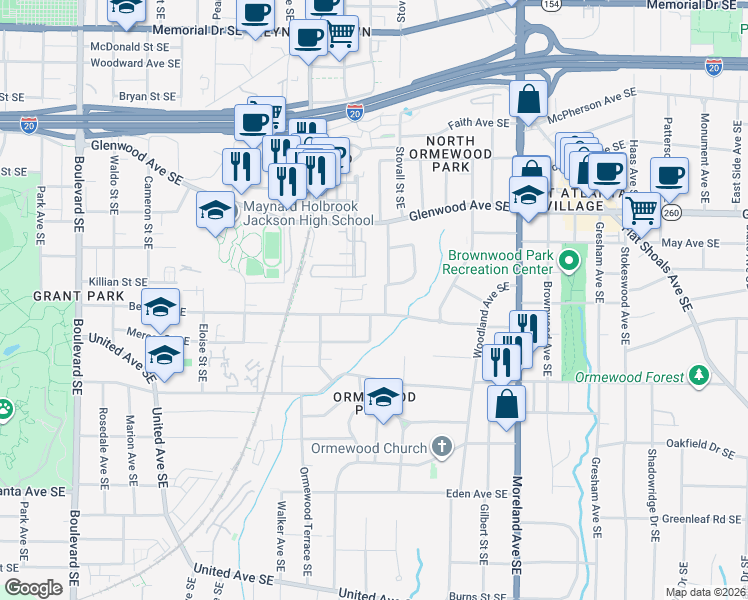 map of restaurants, bars, coffee shops, grocery stores, and more near 625 Glenwood Place Southeast in Atlanta