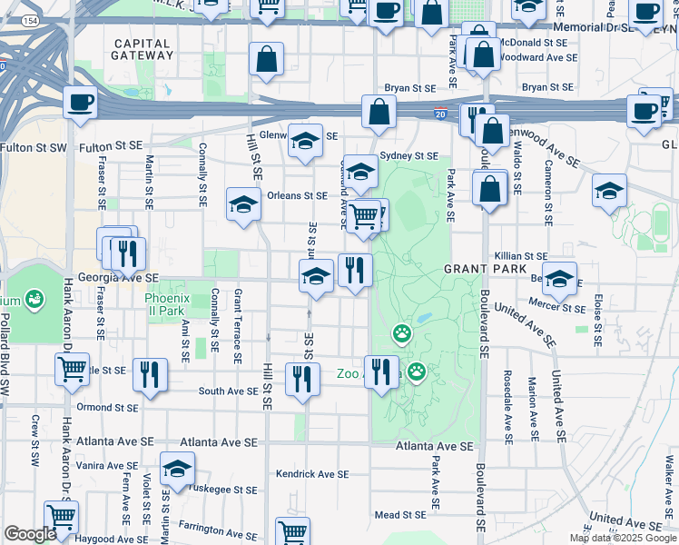 map of restaurants, bars, coffee shops, grocery stores, and more near 383 Georgia Avenue Southeast in Atlanta