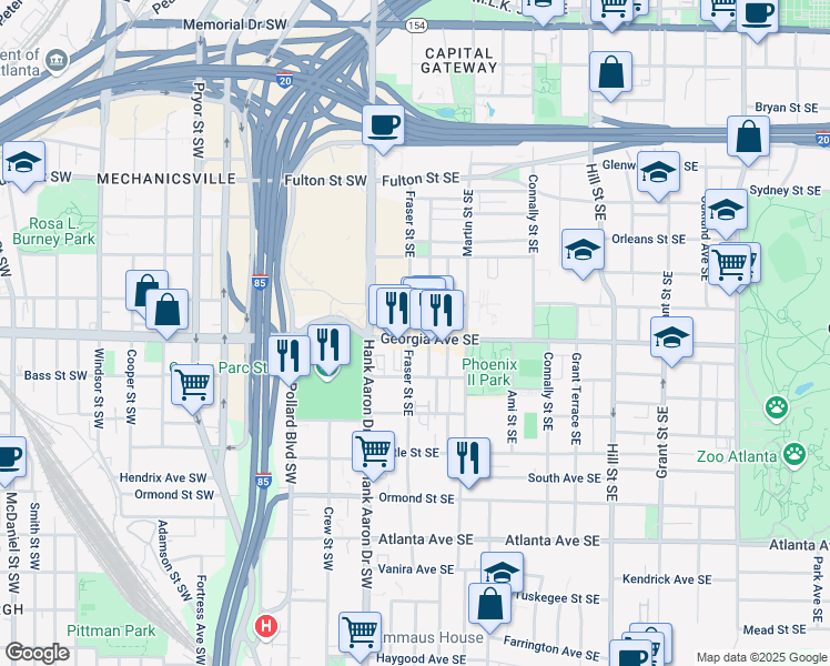map of restaurants, bars, coffee shops, grocery stores, and more near 646 Fraser Street Southeast in Atlanta