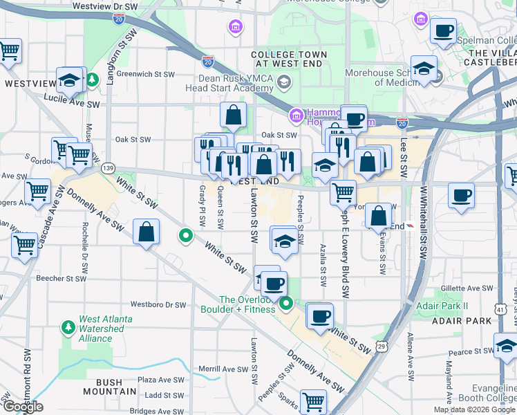 map of restaurants, bars, coffee shops, grocery stores, and more near 660 Lawton Street Southwest in Atlanta
