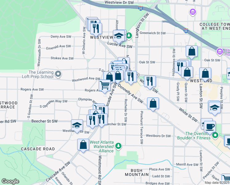 map of restaurants, bars, coffee shops, grocery stores, and more near 1446 Oglethorpe Avenue Southwest in Atlanta