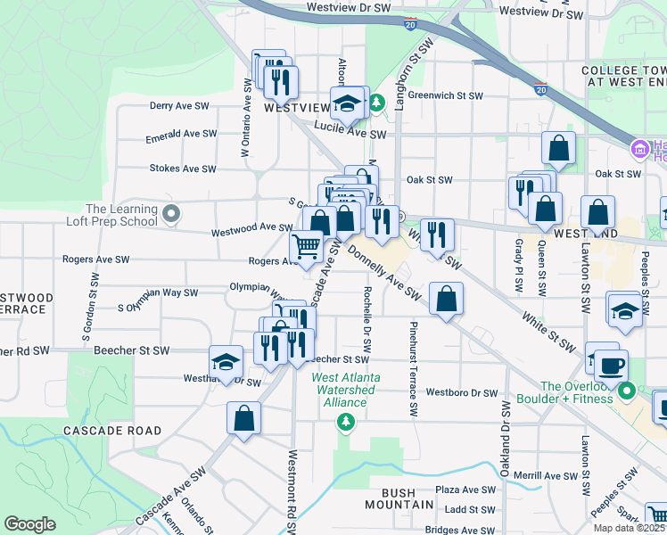 map of restaurants, bars, coffee shops, grocery stores, and more near 1446 Oglethorpe Avenue Southwest in Atlanta