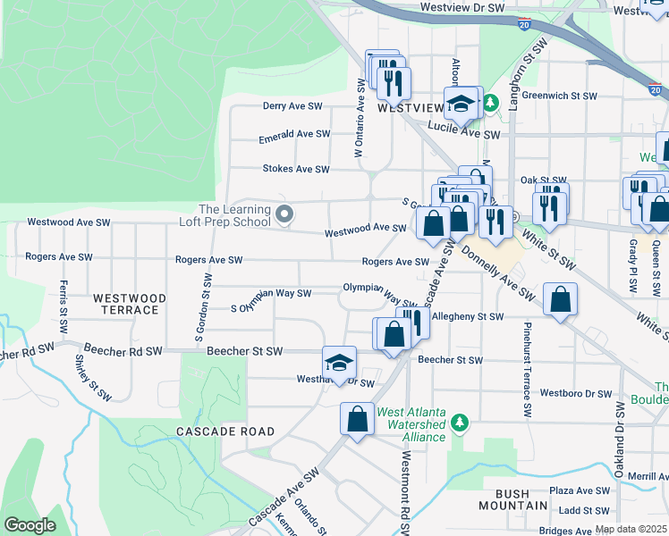 map of restaurants, bars, coffee shops, grocery stores, and more near 1626 Rogers Avenue Southwest in Atlanta