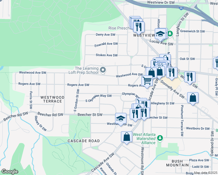 map of restaurants, bars, coffee shops, grocery stores, and more near 1670 Rogers Avenue Southwest in Atlanta