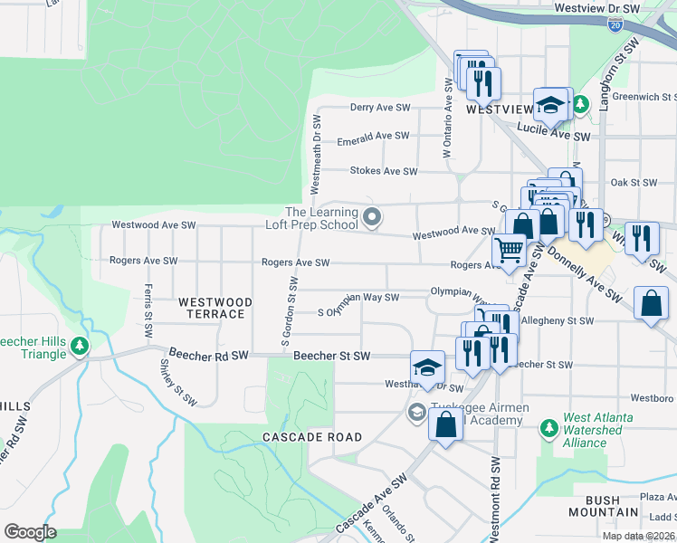 map of restaurants, bars, coffee shops, grocery stores, and more near 1765 North Olympian Way Southwest in Atlanta