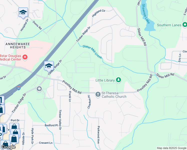 map of restaurants, bars, coffee shops, grocery stores, and more near 2316 Treaty Lane in Douglasville