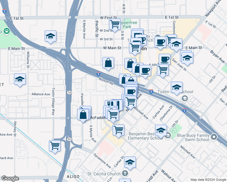 map of restaurants, bars, coffee shops, grocery stores, and more near 30 Via Media in Tustin