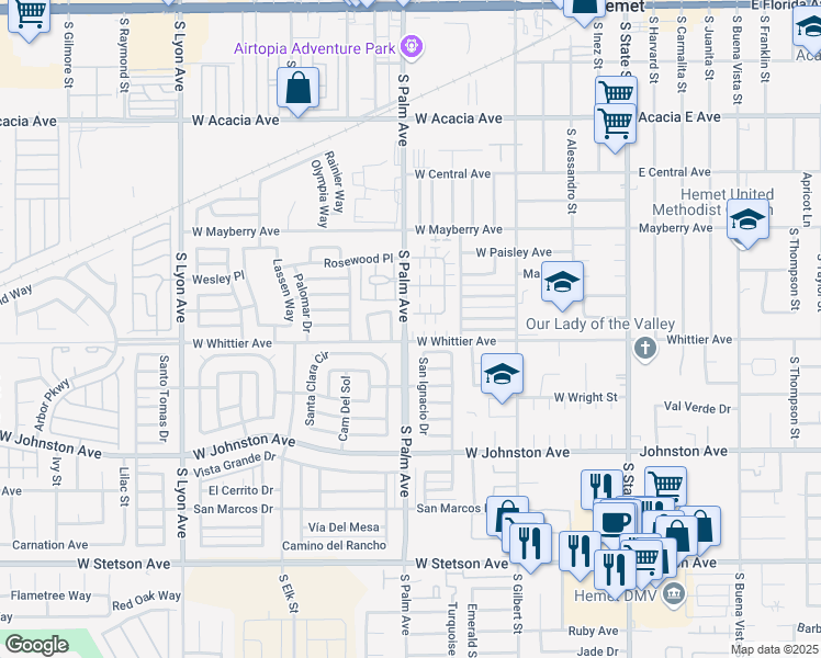 map of restaurants, bars, coffee shops, grocery stores, and more near 876 West Whittier Avenue in Hemet