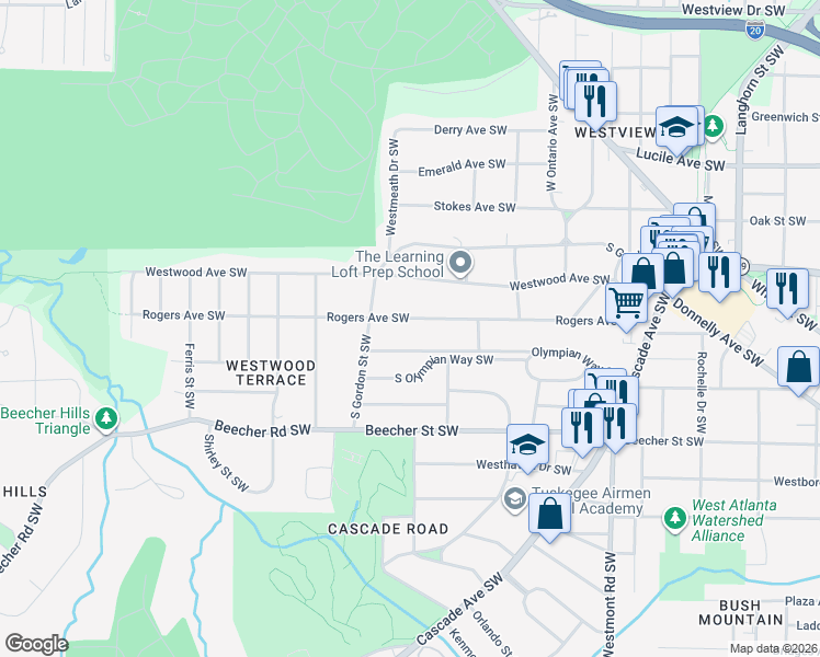 map of restaurants, bars, coffee shops, grocery stores, and more near 1760 Rogers Avenue Southwest in Atlanta