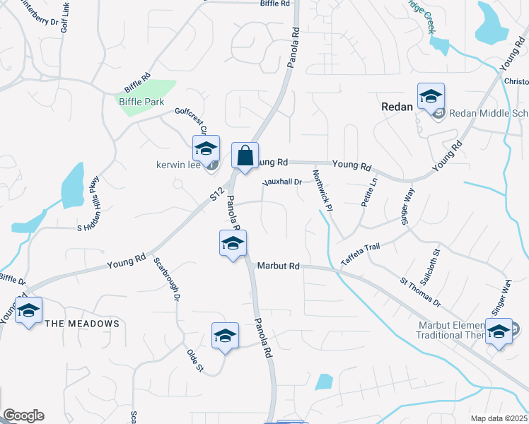 map of restaurants, bars, coffee shops, grocery stores, and more near 1832 Vauxhall Drive in Lithonia