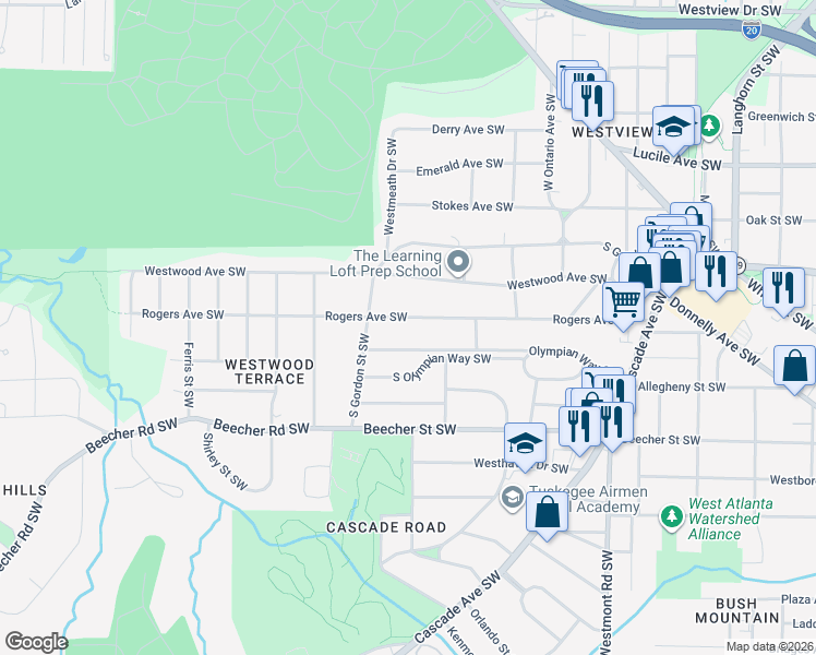 map of restaurants, bars, coffee shops, grocery stores, and more near 1760 Rogers Avenue Southwest in Atlanta