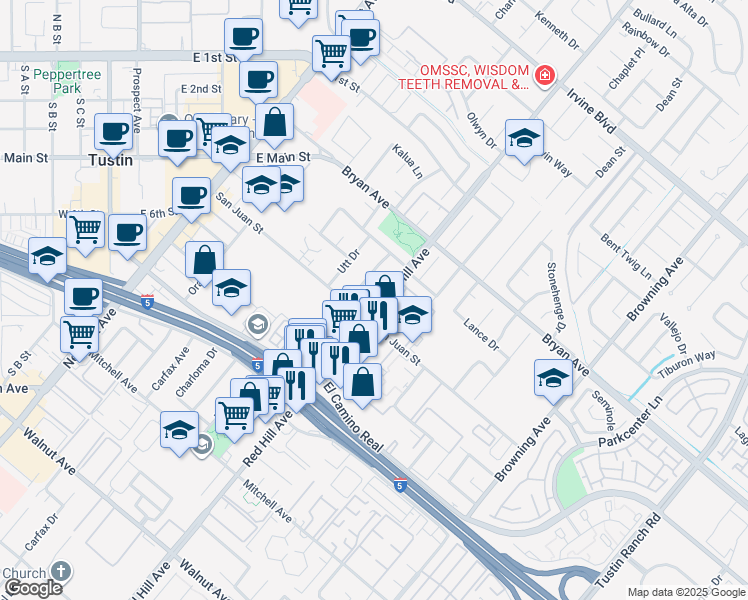map of restaurants, bars, coffee shops, grocery stores, and more near 13691 Red Hill Avenue in Tustin