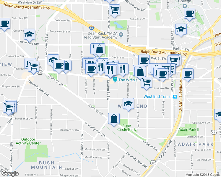 map of restaurants, bars, coffee shops, grocery stores, and more near 660 Lawton Street Southwest in Atlanta