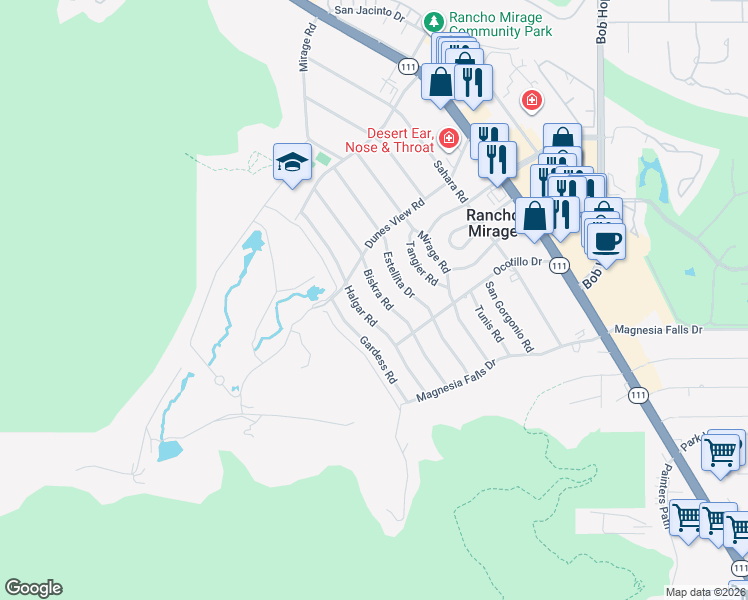 map of restaurants, bars, coffee shops, grocery stores, and more near 71434 Halgar Road in Rancho Mirage